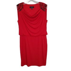 Chetta B Size 12 Dress Chunky Beaded Stretch Blouson Draped Neck Sleeveless Red